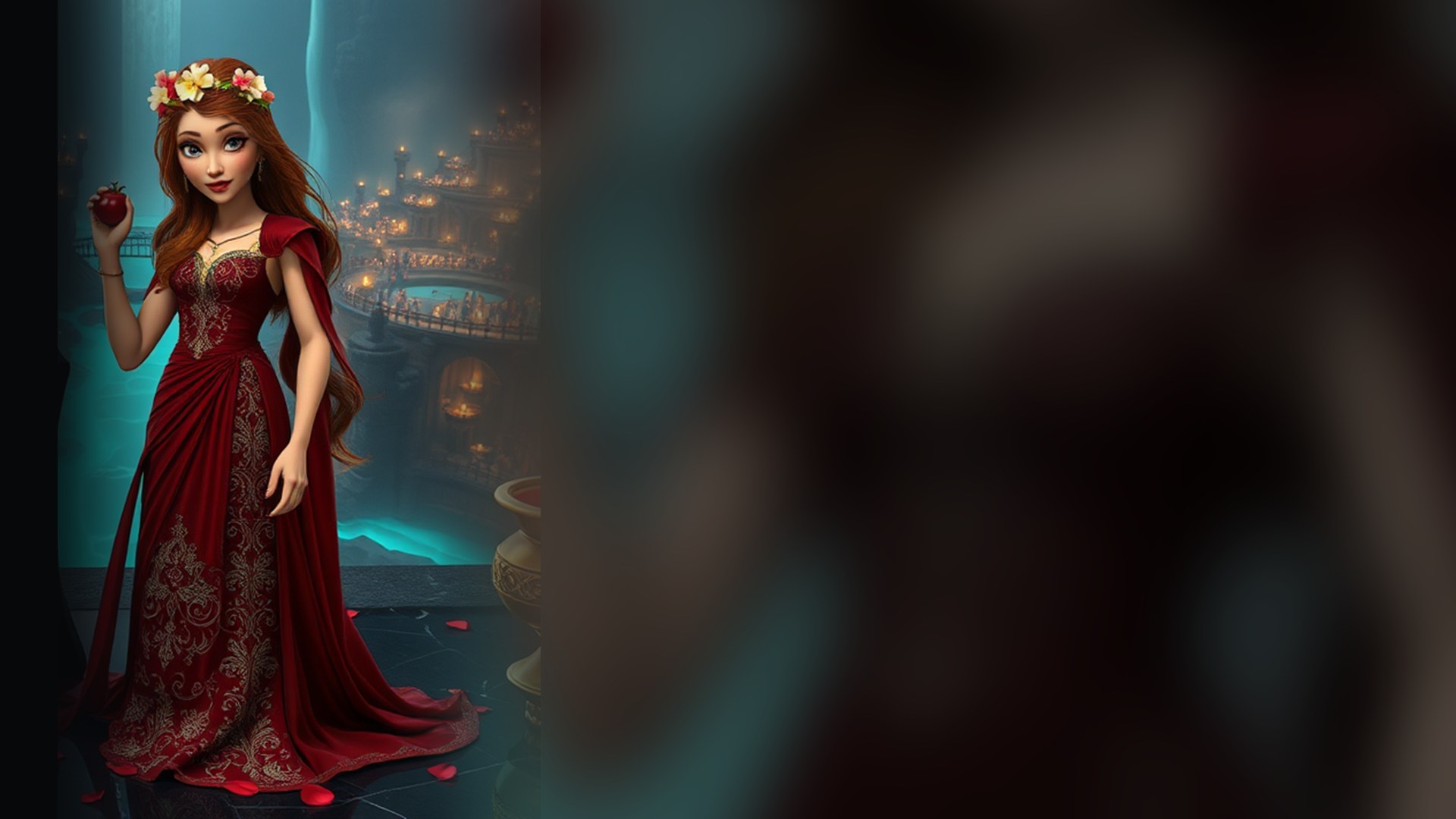 Hades and Persephone on a terrace above the underworld city
