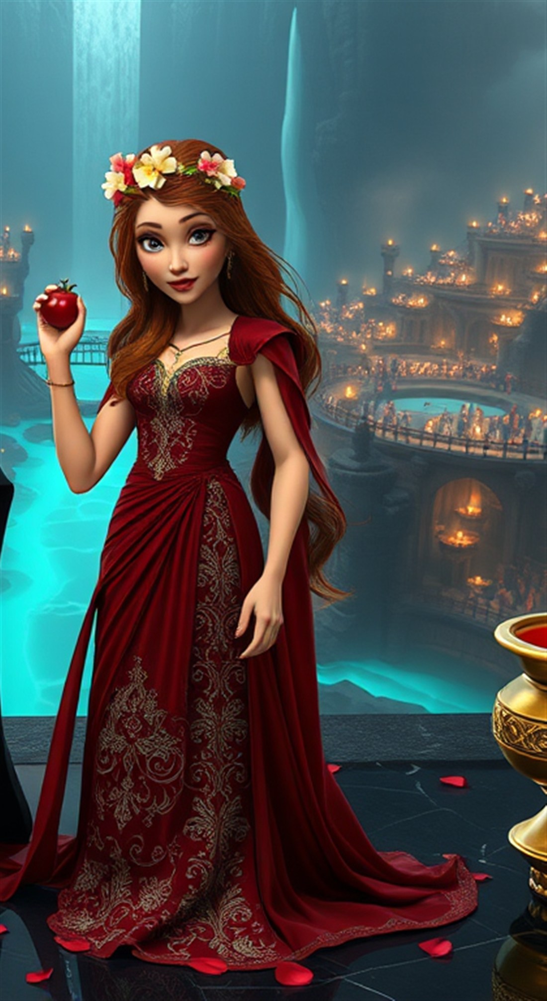 Persephone in crimson and gold, holding a pomegranate, above the underworld city